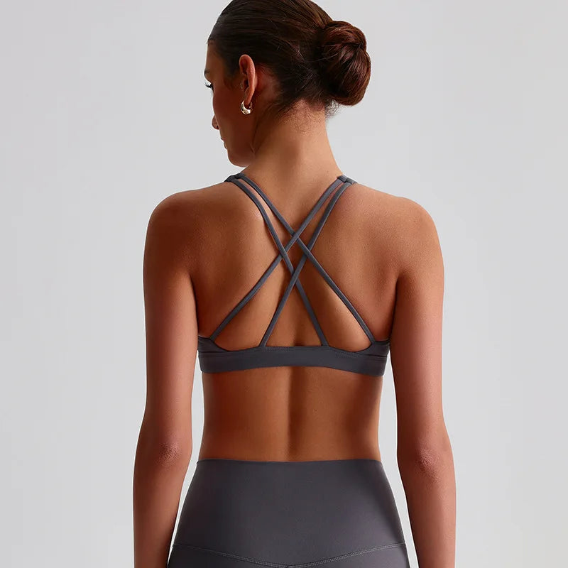 Solid Color Butter Cross Back Gym Underwear Sports Top Women Fitness Bra Tights Yoga Vest High impact shockproof With Chest Pad