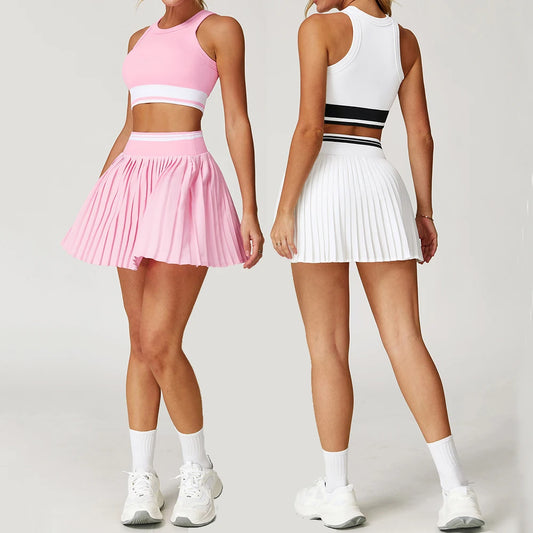 2PCS Sportswear Yoga Set Gym Clothes Ribbed Yoga Suits Women Tracksuits Running Sports Short Skirt Fitness Seamless Yoga Vest