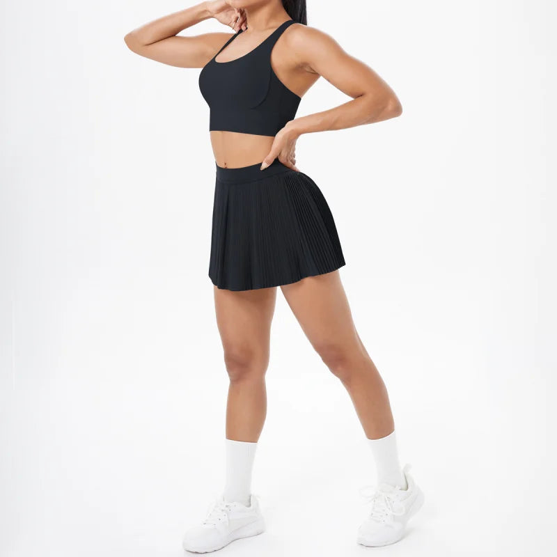 LEOSOXS Seamless Solid Color Tight-Fitting Brushed Cross-Back Short Skirt Two-Piece Set Running Fitness Training Yoga Outfit