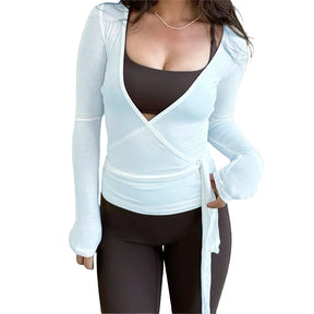 Women Cross Wrap Tie Crop Tops Yoga Shirts Long Sleeve Deep V Neck Solid Color Slim Fit Shirts Ladies Yoga Workout Blouses Tees