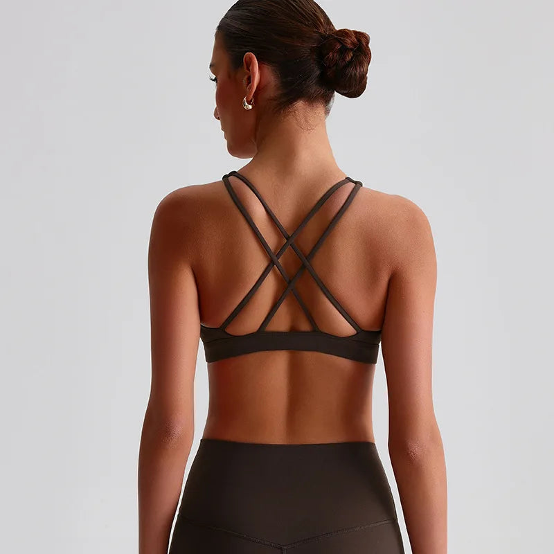 Solid Color Butter Cross Back Gym Underwear Sports Top Women Fitness Bra Tights Yoga Vest High impact shockproof With Chest Pad
