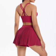 LEOSOXS Seamless Solid Color Tight-Fitting Brushed Cross-Back Short Skirt Two-Piece Set Running Fitness Training Yoga Outfit