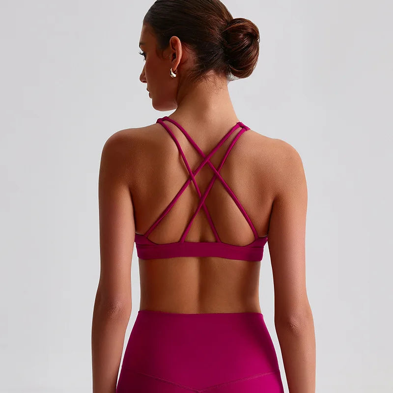 Solid Color Butter Cross Back Gym Underwear Sports Top Women Fitness Bra Tights Yoga Vest High impact shockproof With Chest Pad