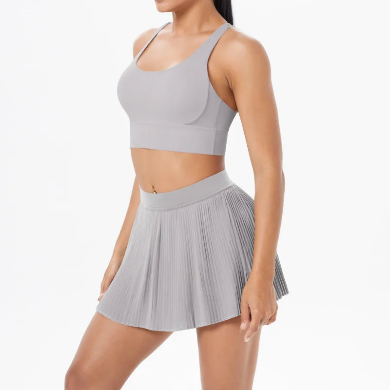 LEOSOXS Seamless Solid Color Tight-Fitting Brushed Cross-Back Short Skirt Two-Piece Set Running Fitness Training Yoga Outfit
