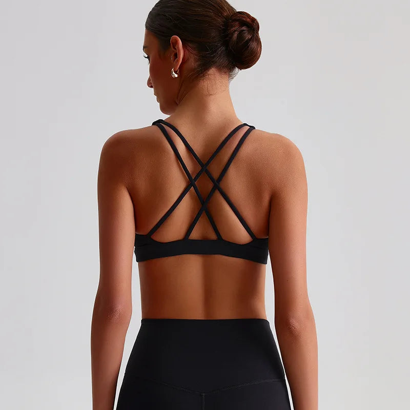 Solid Color Butter Cross Back Gym Underwear Sports Top Women Fitness Bra Tights Yoga Vest High impact shockproof With Chest Pad
