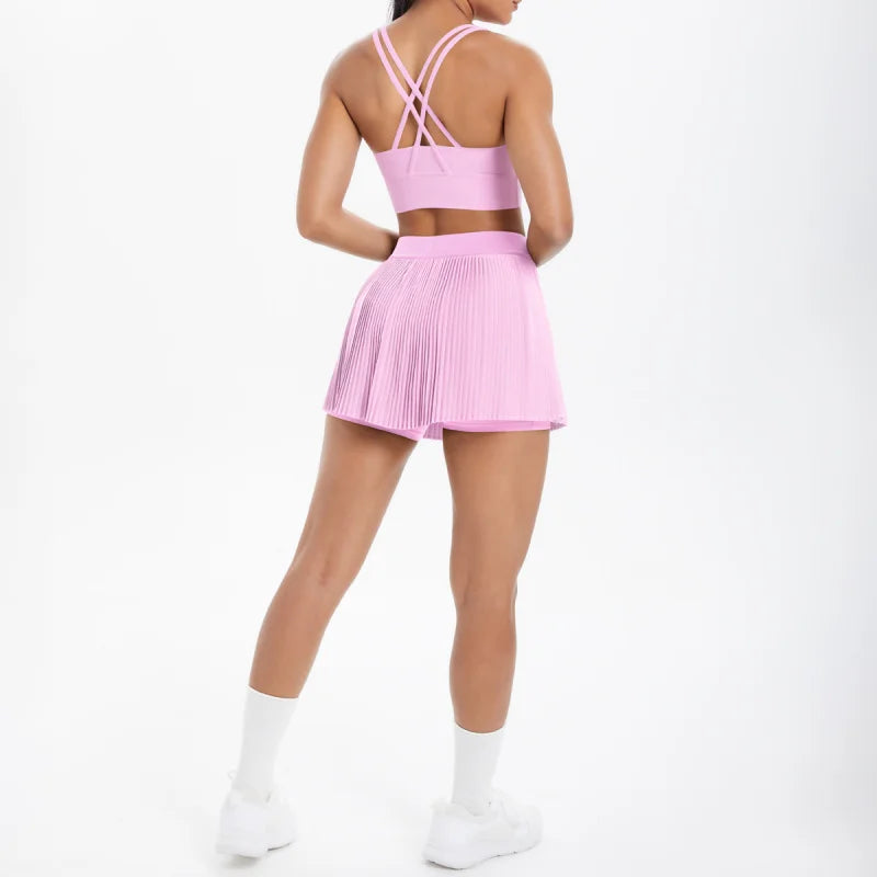 LEOSOXS Seamless Solid Color Tight-Fitting Brushed Cross-Back Short Skirt Two-Piece Set Running Fitness Training Yoga Outfit